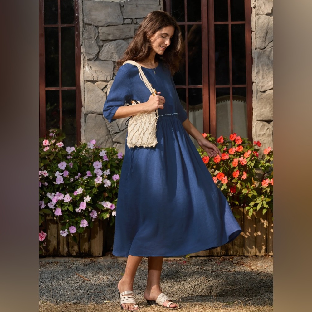 New Lintico 100% Linen Petal-Waist Navy Blue Drawstring Midi Dress